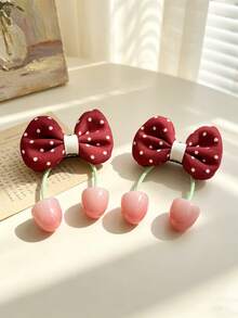 2pcs/Set Girls' Burgundy Cherry Hairclips, Vintage Sweet Bow Side Clips, Versatile Hair Accessories For Parties And Occasions - Multicolor - View 3