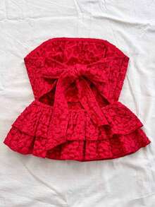 Top tubo sin espalda con lazo de jacquard de ganso casual de vacaciones para damas - Rojo - Ver 2