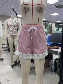 Women's Lace Trim Shorts Casual Loose Fit Stylish Drawstring Mid Rise Shorts For Summer - Blue - View 4