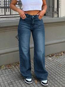 Jeans rectos de pierna suelta con bolsillo en diagonal de unicolor para mujer - Azul lavado oscuro - Ver 3