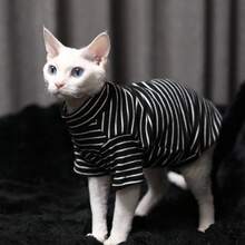 斯芬克斯猫无毛猫宠物两脚服，经典三色条纹家居服，宠物服装，适合中小型猫咪，可机洗 - 黑色 - 查看 4