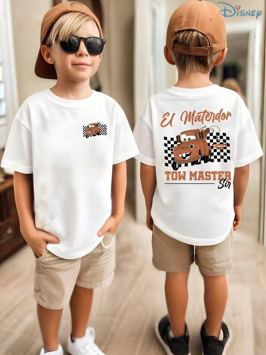 Boys' Disney Cars Tow Mater T-Shirt, Kids Racing Tow Truck Graphic Tee, Soft Breathable Casual Top For Boys, Perfect For Theme Parks, Playdates, Car Shows & After-School Activities - 白色 - 查看 1