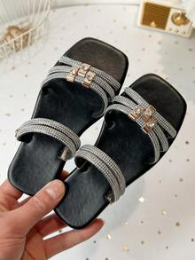 Kids' Rhinestone Multi-Strap Square Toe Flat Slide Sandals, Open Toe Slip-On Summer Casual Fashion Slides For Girls - Black - View 7