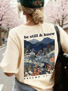 Camiseta Holgada Bohemia Cristiana para Mujer, Camiseta de Moda Transpirable con Cuello Redondo y Estampado de "Tranquilo Sea y Conozca", Paisaje Montañoso en Patchwork y Versículo Bíblico Salmo 46:10, Ropa Urbana Estética Famosa de INS, Ideal para Citas en Cafeterías, Picnics, Viajes y Momentos de Tranquilidad en el Verano Casual. - Albaricoque - Ver 1