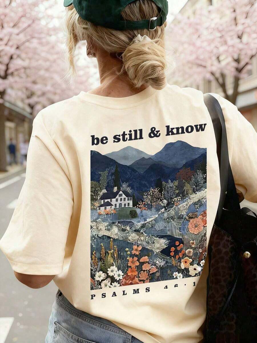 Camiseta Holgada Bohemia Cristiana para Mujer, Camiseta de Moda Transpirable con Cuello Redondo y Estampado de "Tranquilo Sea y Conozca", Paisaje Montañoso en Patchwork y Versículo Bíblico Salmo 46:10, Ropa Urbana Estética Famosa de INS, Ideal para Citas en Cafeterías, Picnics, Viajes y Momentos de Tranquilidad en el Verano Casual. - Albaricoque - Ver 1