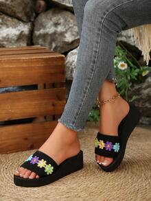 Women's Platform Wedge Sandals, Slip-Resistant Thick-Soled Comfortable Soft Knitted Colorful Embroidered Floral Open Toe Strap Thick Wedge Slides, European And American Bohemian Style, Suitable For Summer Beach, Vacation, Casual Wear, Black - Black Flowers - View 5