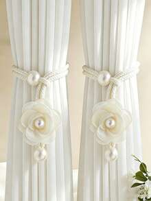 2pcs Bohemian Style 3D Floral Curtain Tiebacks, Pearl Decorated Adjustable Curtain Clips, Luxury Curtain Buckle Rings For Living Room And Bedroom - Multicolor - View 4