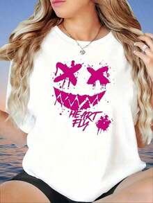Camiseta Blanca Holgada con Estampado de Cara de Graffiti y Corazón Volador para Mujer, Top Casual de Manga Corta, Camiseta Gráfica de Moda de Verano, Camiseta de Mujer, ropa de calor mujer, blusas de mujer, S-3XL - Blanco - Ver 6
