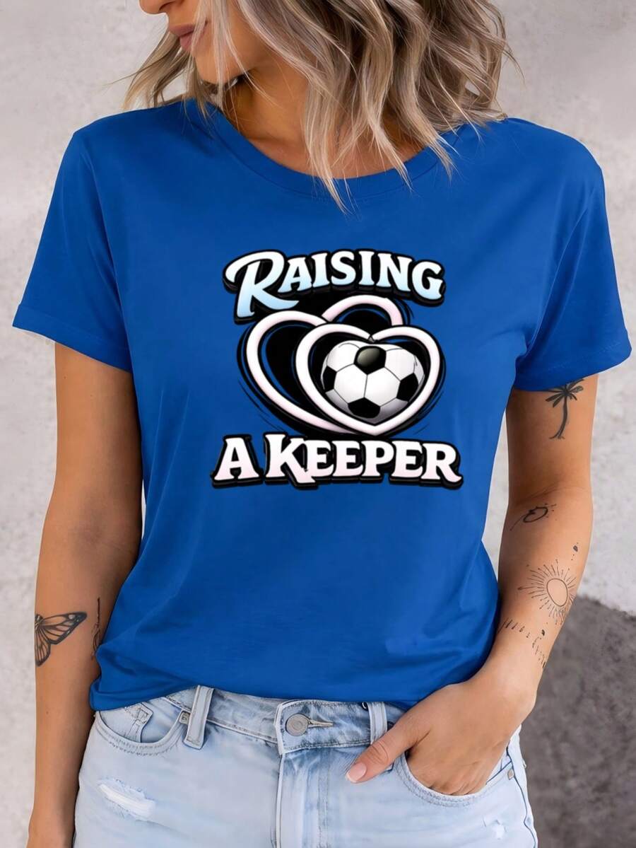 Soccer Mom T-Shirt, Featuring A "Caring Goalkeepers" Design With A Heart And Soccer Ball Motif, Comfortable Fit, Suitable For Casual Wear And Game Days, Machine Washable, A Perfect Gift For Soccer Enthusiasts. GHLP - 藍色 - 查看 1