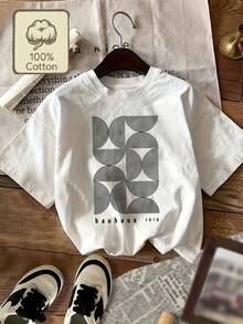 Camiseta de manga corta para mujer con diseño geométrico Bauhaus, estilo retro juvenil de celebridades de internet, 100% algodón puro, cuello redondo, diseño estampado, estilo casual suave y cómodo, disponible en múltiples colores para primavera, verano y otoño, una excelente opción de regalo. - Blanco - Ver 12
