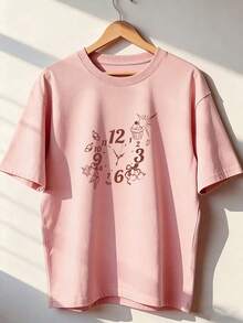 Short-Sleeve T-Shirt With Clock And Cupcake And Rabbit Details, Fashionable Short-Sleeve T-Shirt For Spring And Summer 2026, Made In Mexico, 180 Grams. Cartoon Print, Couple Design, Suitable For Indoor Or Outdoor Wear. Crew Neck, Unisex, Ideal For Office And Leisure. One-Piece Pack. - PK-P631577SLNDXZGY406 - 查看 3