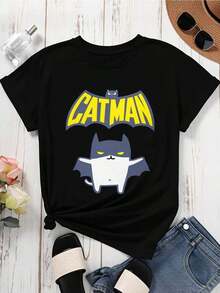 Camiseta de Warner Bros Catman Blanca Casual de Corte Holgado con Estampado Gráfico de Gato y Texto Amarillo |   Diseño exquisito |   Suelto y cómodo |   Fácil de combinar | - Negro - Ver 2
