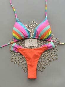 Conjunto de bikini casual de mujer con tirantes de espagueti, fruncido y a rayas, de tela con estiramiento medio, traje de baño colorido y vibrante para vacaciones - Naranja - Ver 3