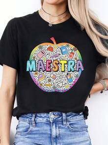 Camiseta deportiva casual de manga corta y cuello redondo para mujer con estampado de letras en español para primavera y verano - Negro - Ver 7