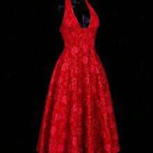 ICON Deep V-Neck Bowknot Strap Jacquard Palace Style Romantic Satin Dress White Dresses For Women - Rojo - Ver 4