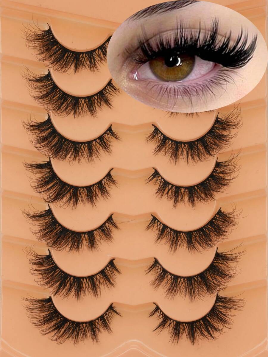 7 Pairs Natural D Curl Russian Mink Faux Eyelashes, Synthetic 3D Mink Fur False Lashes, Cat Eye Style Delicate Eyelash Strips, Eye-Enhancing Effect, Natural Look False Lashes - Cat Eye Lashes - View 1