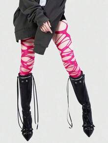 ROMWE Goth Sexy Lady Ripped Fishnet Black Tights - 亮粉紅色 - 查看 3
