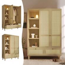 Wardrobe With 2 Doors And Rattan Weave, Country Style Oak Look, Open Shelf, Shelves, Clothes Rail, 2 Drawers, Anti-Tip Device, 180x120x50 Cm (H/W/D) - Oak - 查看 3