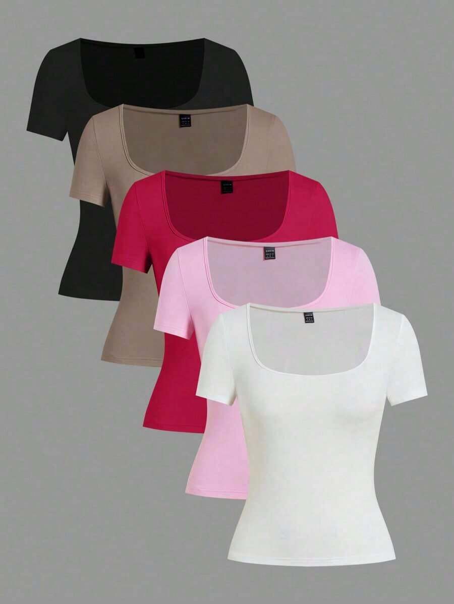 Set de 3 camisetas de punto para mujer, multicolor, camisetas básicas de primavera/verano para mujer, tops ajustados básicos, paquete de tops básicos, tops básicos para mujer, tops de ajuste ceñido, tops básicos, tops de mujer de cuello cuadrado, tops de verano para mujer, tops de manga corta para mujer, tops de verano para mujer, camisetas de mujer - Multicolor 6 - Ver 1