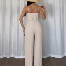 Raffinéa Women's Fashion Versatile Ruffle Spaghetti Strap Jumpsuit With Crinkle Textured Fabric, Fitted Waist & Straight Leg - Caqui - Ver 3