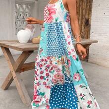 Women Summer Spaghetti Strap Patchwork Floral Geometric Print Casual Holiday Dress Pink Vacation Elegant - Mostaza Amarilla - Ver 6