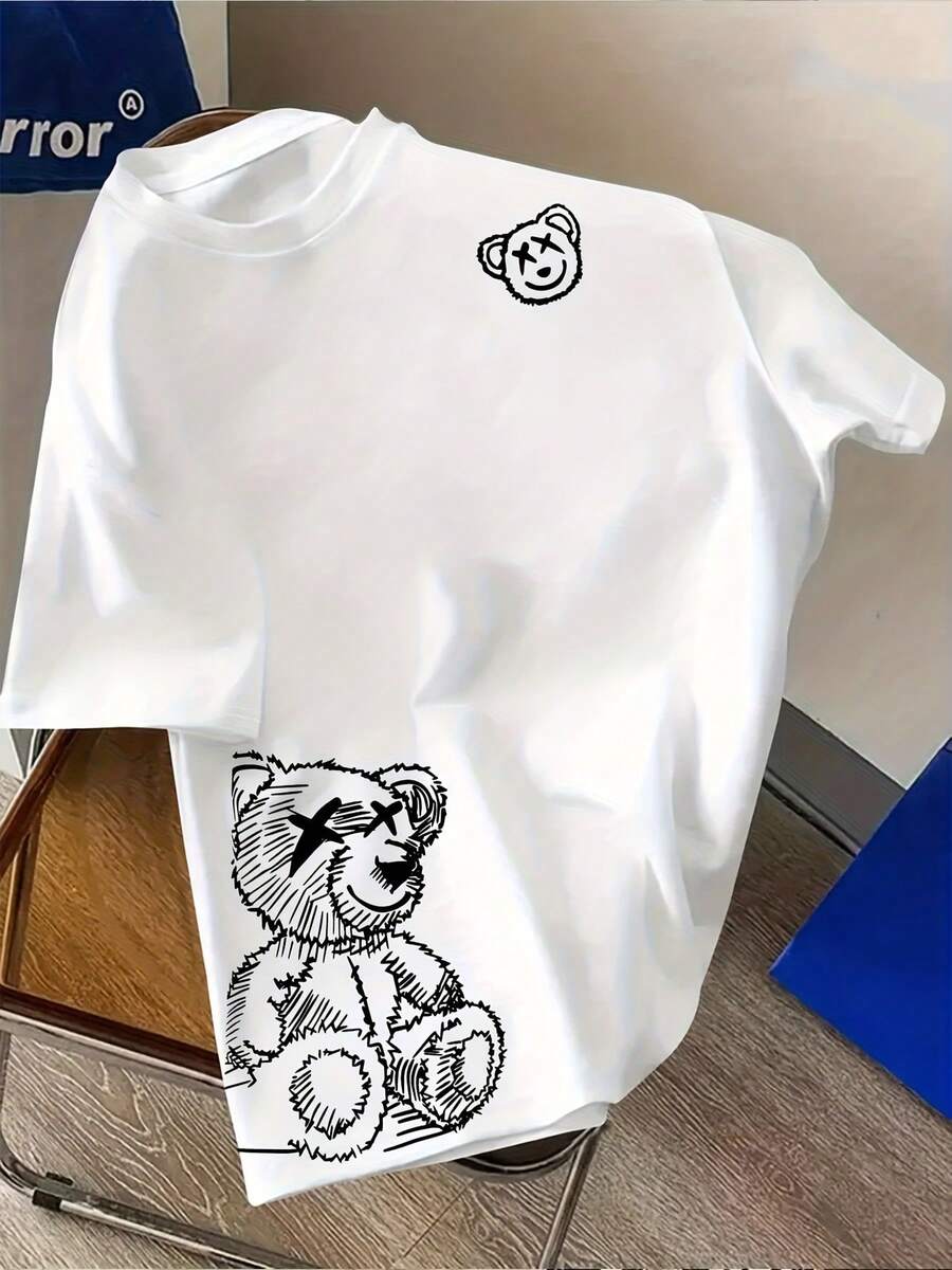 New Short-Sleeved T-Shirt For Cross-Border Foreign Trade, With Simple Lines And Digital Bear Print, Round Neck. - 白色 - 查看 1