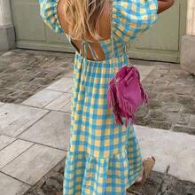 Flora Isola Flora Isola Yellow & Green Plaid Square Neck Puff Sleeve Maxi Dress - Retro Bohemian Style For Vacation, Daily Outings & Casual Wear, Women's Spring & Summer Dress - Multicolor - Ver 4