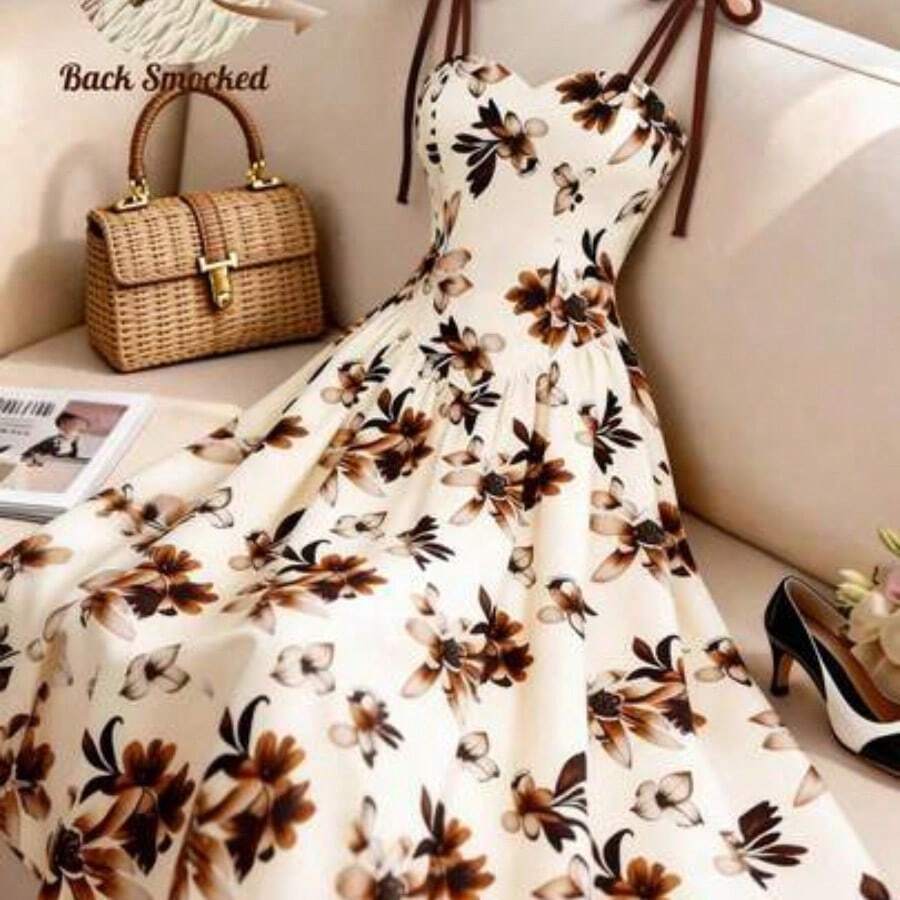 Women's Apricot Base Brown Floral Pattern Spaghetti Strap Waist A-Line Dress, Elegant And Charming For Vacation, Commute, Music Festival, Date, French Bohemian, Beach, Street, Versatile, Spring/Summer, Apricot Brown New Sleeveless Dress - Multicolor - Ver 1