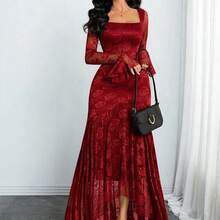 Women's Elegant French Romantic Sexy Square Neck Rose Lace Jacquard Vintage Double-Layer Ruffle Sleeve Asymmetrical Hem Dress, Suitable For Dates, Holidays And Daily Wear Spring - Rosa - Ver 10
