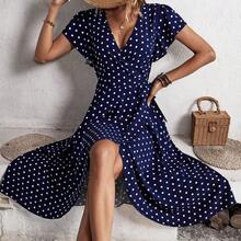 Polka Dot Print Butterfly Sleeve Knot Side Wrap Dress Maxi Vacation Beach Outfits Women - Energía azul - Ver 2