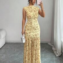 Elenzya Yellow Printed Ruched Waist Slit Elegant Dress For Women - Café integral - Ver 2