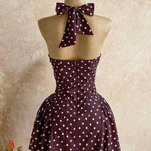 Women's Polka Dot V-Neck Hollow Waist A-Line Mini Dress, Suitable For Party, Christmas, Date, Nightclub, Bohemian, Boho, Vacation, Fall - Azul y blanco - Ver 3