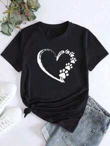 Camiseta de manga corta Love Dog Paw Print Graphic Sports Casual para mujer - Negro - Ver 6