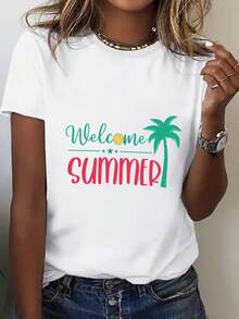 Nueva Camiseta de Moda para Mujer con Cuello Redondo - Camiseta holgada de verano para mujer de talla con estampado de palmeras tropicales y la palabra welcome, top ligero e informal con cuello redondo, adecuada para viajes a la playa, vacaciones y uso diario - Prenda de verano lavable aáquina con un diseño básico universal. - Blanco - Ver 3