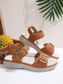 1 Pair Summer New Buckle Sandals, Sporty Style Wedge Heel, Lightweight Hook And Loop, Thick Sole Anti-Slip, Casual Versatile Beach Shoes - Khaki Buckle - View 6