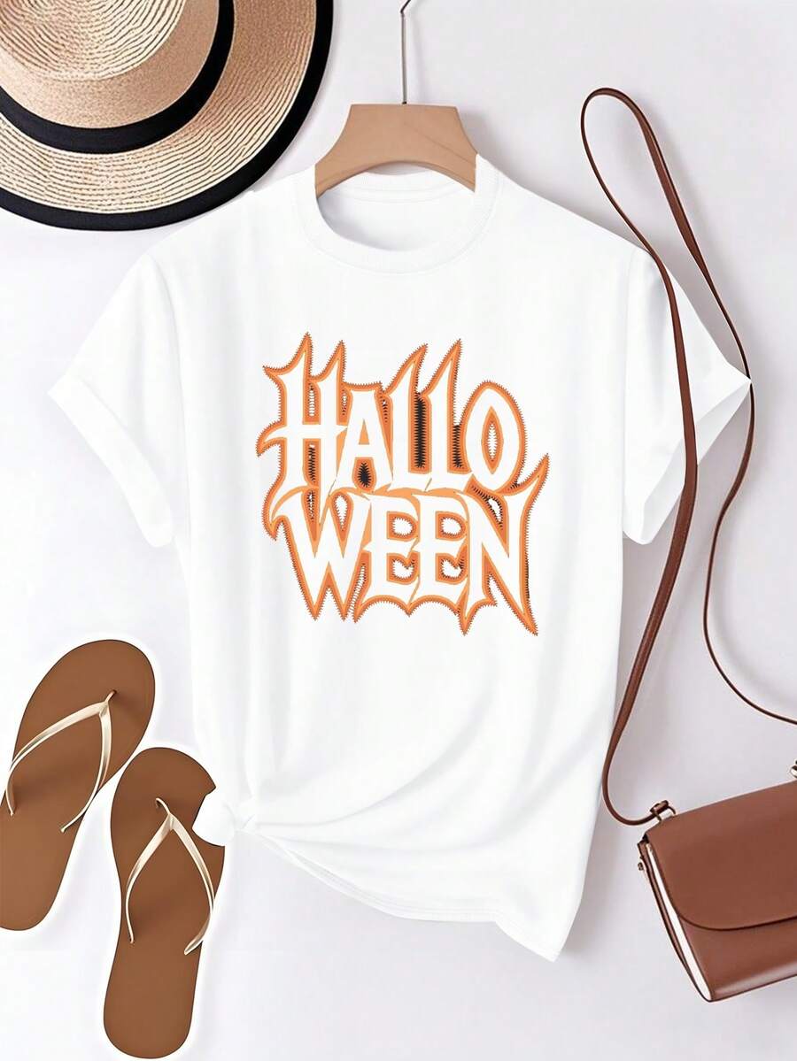 Women's Gothic Halloween T-Shirt - Vibrant Red With Black Lettering And Dors, 100% Comfortable For Halloween Parties And Casual Wear, Machine Washable Graphic T-Shirt For All Seasons - 白色 - 查看 1