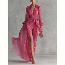 2026 Spring/Summer New European And American Elegant Women's Dress Series Pink Chiffon Wrap Maxi Dress, Waist Tie High Slit Formal Evening Gown - 白色 - 查看 7