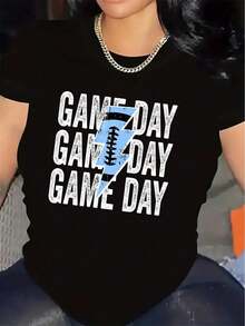 Camiseta de manga corta para el día del juego |     Hecha de material duradero, cómodo y ligero, perfecta para eventos deportivos, uso casual o reuniones de fans, con un estampado audaz del día del juego con diseño de fútbol, cuello redondo, tejido de elasticidad media - Negro - Ver 11