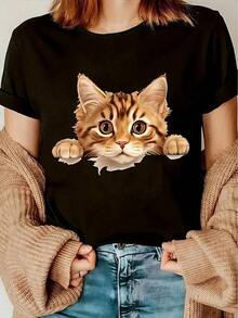 Cute Cat Print T-Shirt For Women: Soft Short Sleeve Crew Neck T-Shirt, Casual Black Summer And Spring Shirt With Playful Cat Design, Cute Animal Print Summer Casual T-Shirt - 黑色 - 查看 2