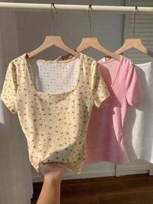3 piezas de camisetas cortas básicas de cuello redondo y cortas para mujer en marrón café y blanco, ropa de otoño - Multicolor - Ver 6