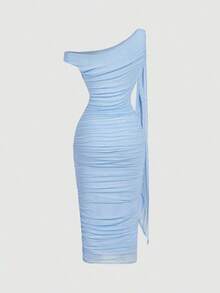 Vestido de longitud media con hombro asimétrico ajustado, fruncido y decoración de hebilla metálica para mujer - Azul - Ver 2