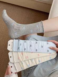 3 Pasang Kaos Kaki Wanita Tipis Minimalis Segar dengan Pita, Panjang Setengah Betis, Gaya Korea, Serbaguna, Bernapas, Anti Selip, Warna Acak - View 10