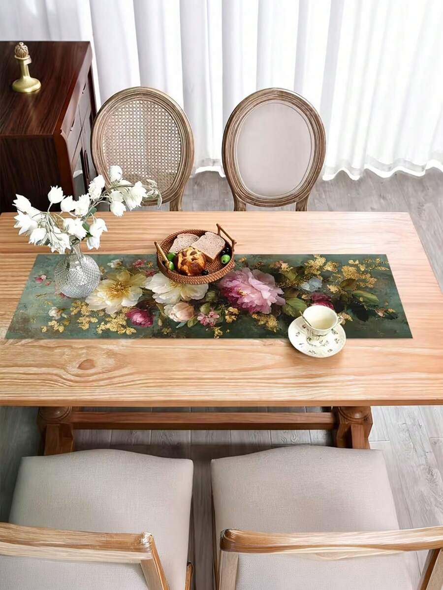 1 chiếc khăn trải bàn in họa tiết hoa hồng theo phong cách tranh sơn dầu cổ điển, mẫu mới nhất cho mùa hè, phong cách hoài cổ châu Âu, chất liệu polyester in họa tiết, thiết kế độc đáo, tinh tế và trang nhã, hình chữ nhật, dùng trang trí nhà cửa, cho bàn ăn (kích thước 13x35.4/47.2/63/72/78.7 inch) - màu xanh lá - Xem 1