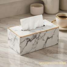 1pc Modern Minimalist Marble Pattern Tissue Box, Decorative Tissue Dispenser Suitable For Living Room, Bathroom And Office, Elegant Desktop And Home Storage - Black and White - View 1
