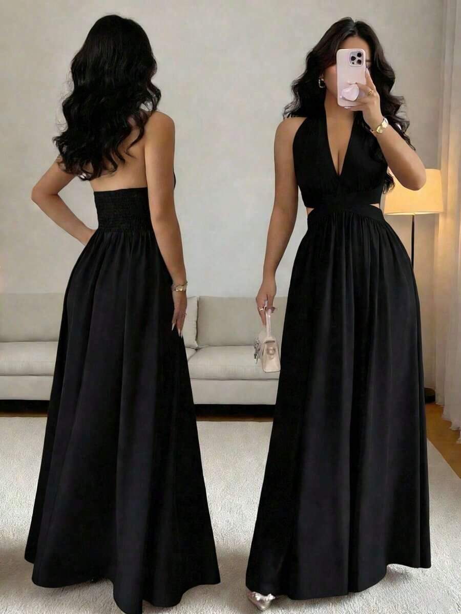 Elegante vestido sin mangas con cuello en V, diseño hueco en la cintura y pliegues, color morado, nueva llegada de primavera/verano - Negro - Ver 1