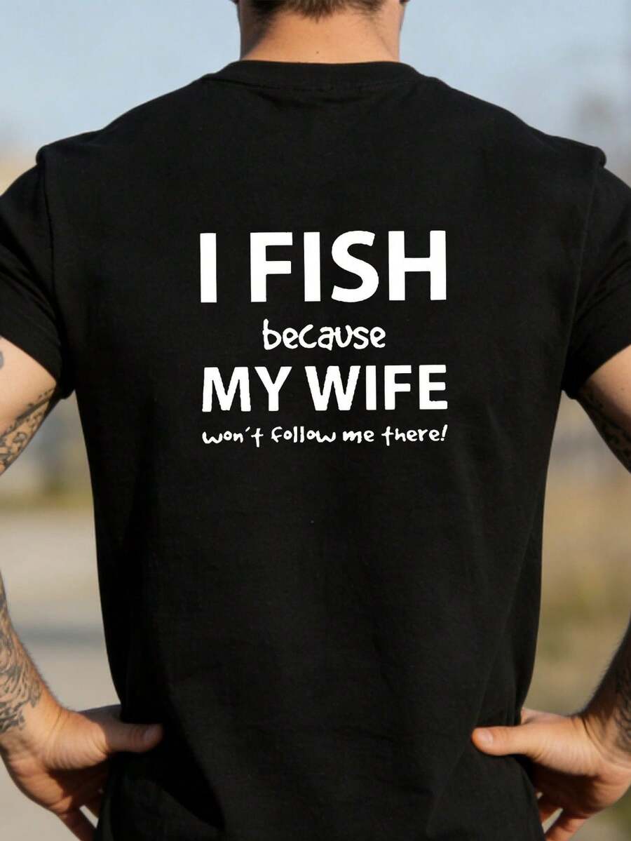 Camiseta Divertida para Hombre con Estampado "Picojo porque mi esposa me quita el pescado" - Regalo de Pesca Humorístico para Esposo, Camiseta Casual de Manga Corta con Cuello Redondo, Lavable a Máquina, Estilo Urbano, Adecuada para Uso Diario y Combinaciones Casuales, PLUS S.Png - Negro - Ver 1
