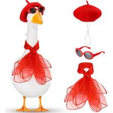 3pcs/Set 1950s French Porch Goose Costume Set, Suitable For 23" And 17" Concrete Lawn Goose Sculptures, Beret, Carnival Sculpture Decor (Red) - A - View 4