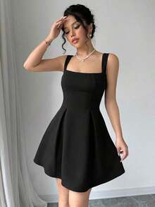 Vestido de vacaciones corto, unicolor, con cintura baja y estilo casual de verano para mujer - Albaricoque - Ver 11