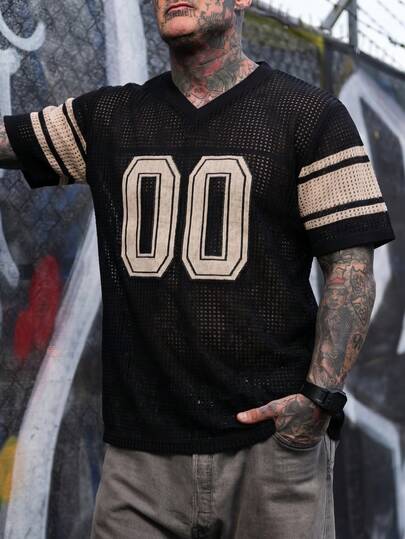 Chinpeno Men's Summer Black Mesh Knit T-Shirt, Breathable Fabric, American Retro Loose Casual Tee, Sporty Jersey Style