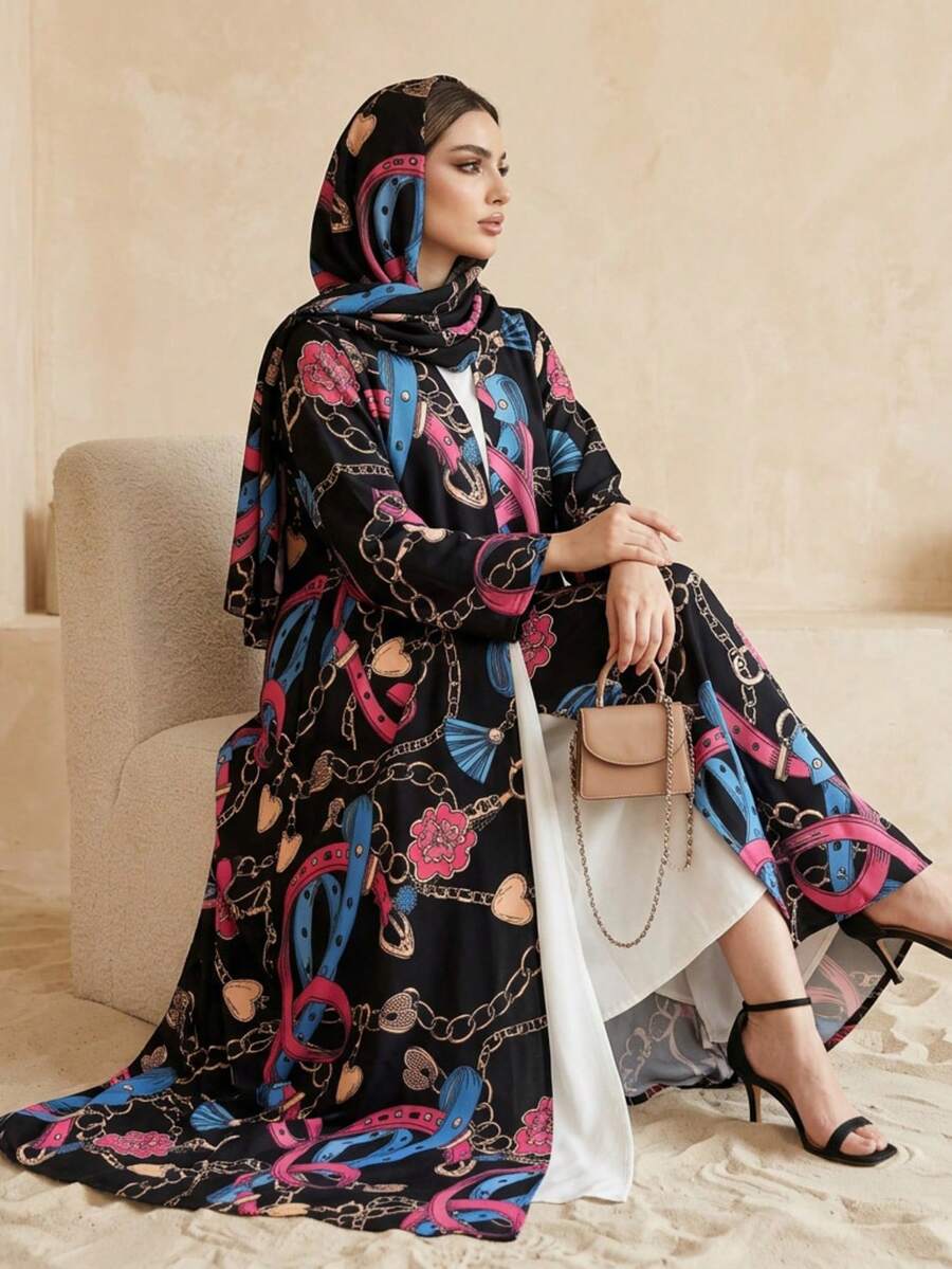Hafizah 印花开襟羊毛头巾中东迪拜风格长袍,链条印花,时尚女式长袍 - 玫紅色 - 查看 1